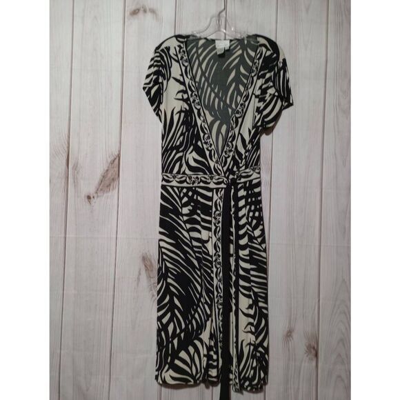 Donna Morgan Dress Ladies 12 Ivory‎ Black Fern Faux Wrap Midi Comfortable - Picture 1 of 6